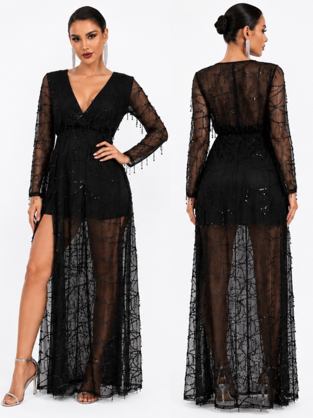 Miss Ord Sequin - Embellished Sheer Mesh Evening Gown